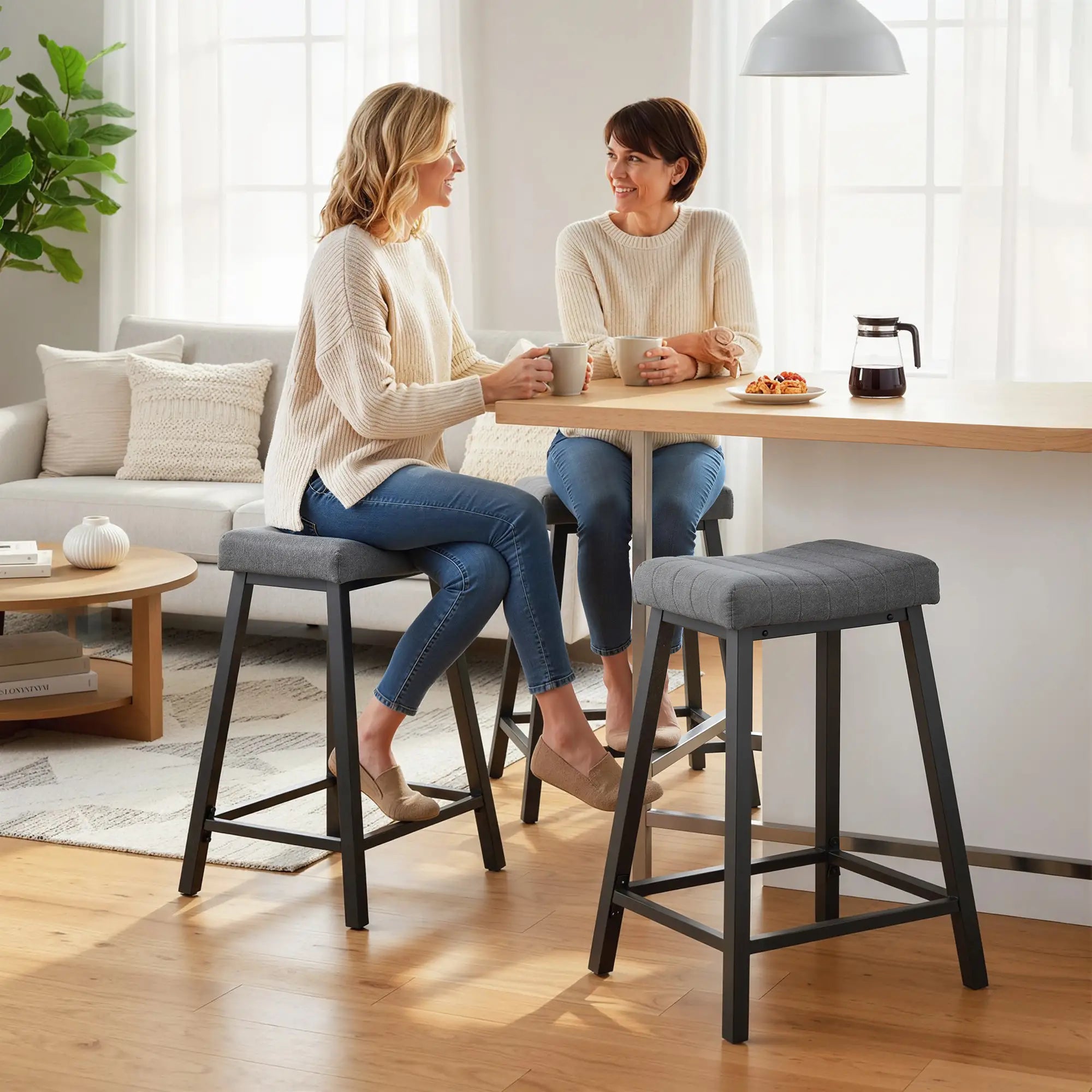 Set of 2 Velvet Bar Stools, Curved Seat with Footrest, Grey Bar Stools at Gallery Canada