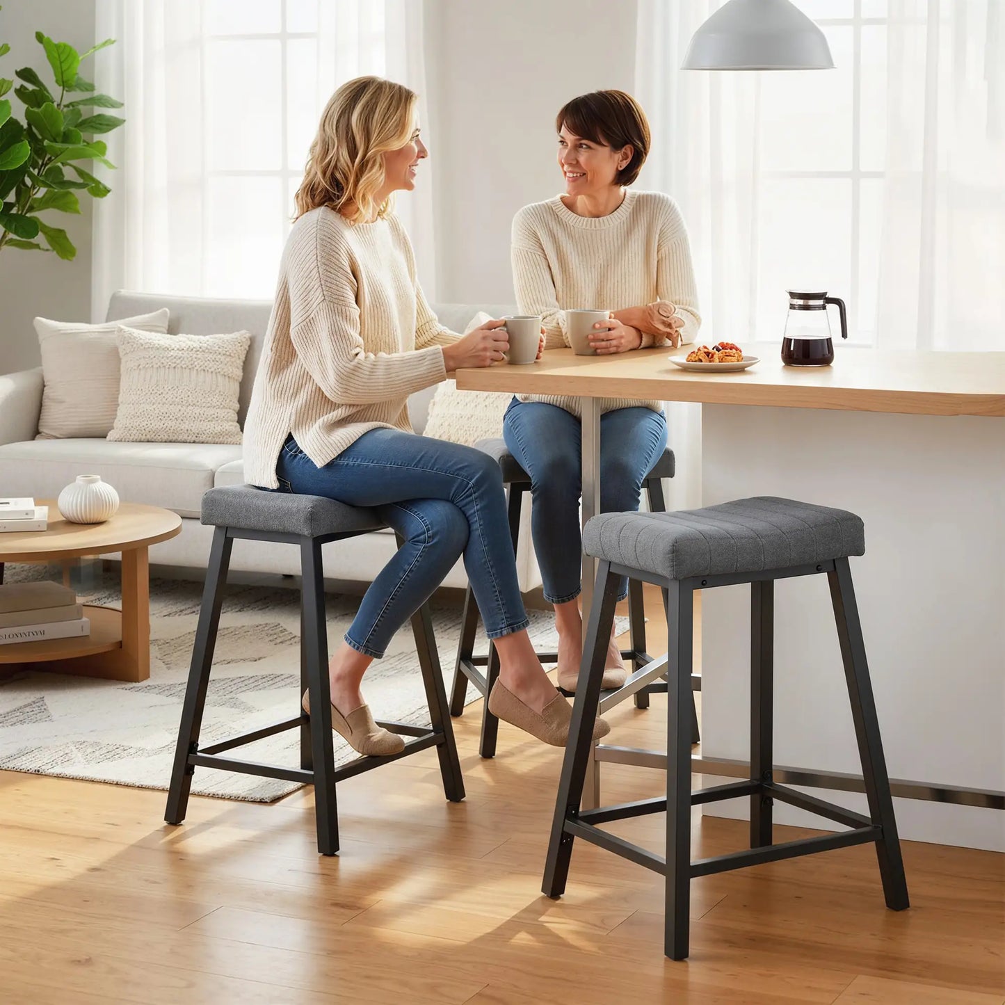 Set of 2 Velvet Bar Stools, Curved Seat with Footrest, Grey Bar Stools at Gallery Canada