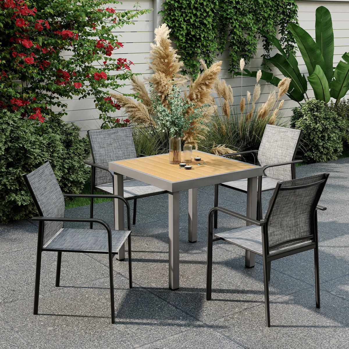 Stackable Patio Chairs Set of 4, 20" Deep Seat, All Weather Mesh, Grey Outdoor Dining Sets at Gallery Canada