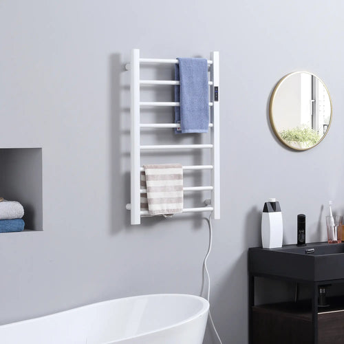 8-Bar Heated Towel Warmer, Wall Mount, Adjustable Temperature, White