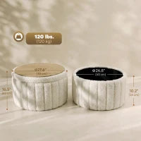 Table basse ronde, rangement dissimulé, polaire sherpa, couvercle réversible, blanc crème, blanc crème