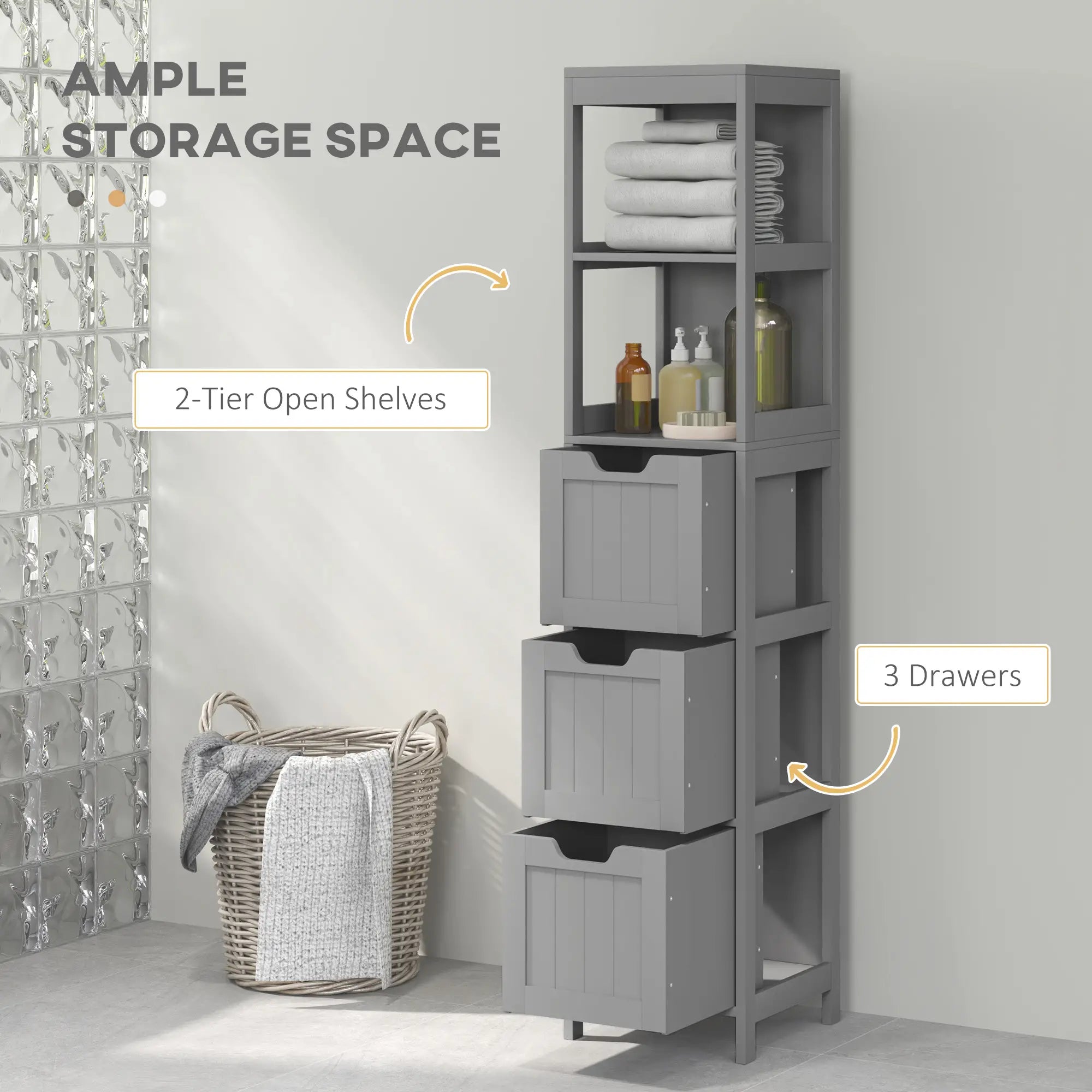 Narrow Bathroom Cabinet, 3 Drawers, 2 Tier Shelf, Tall Cupboard, Grey Bathroom Cabinets at Gallery Canada