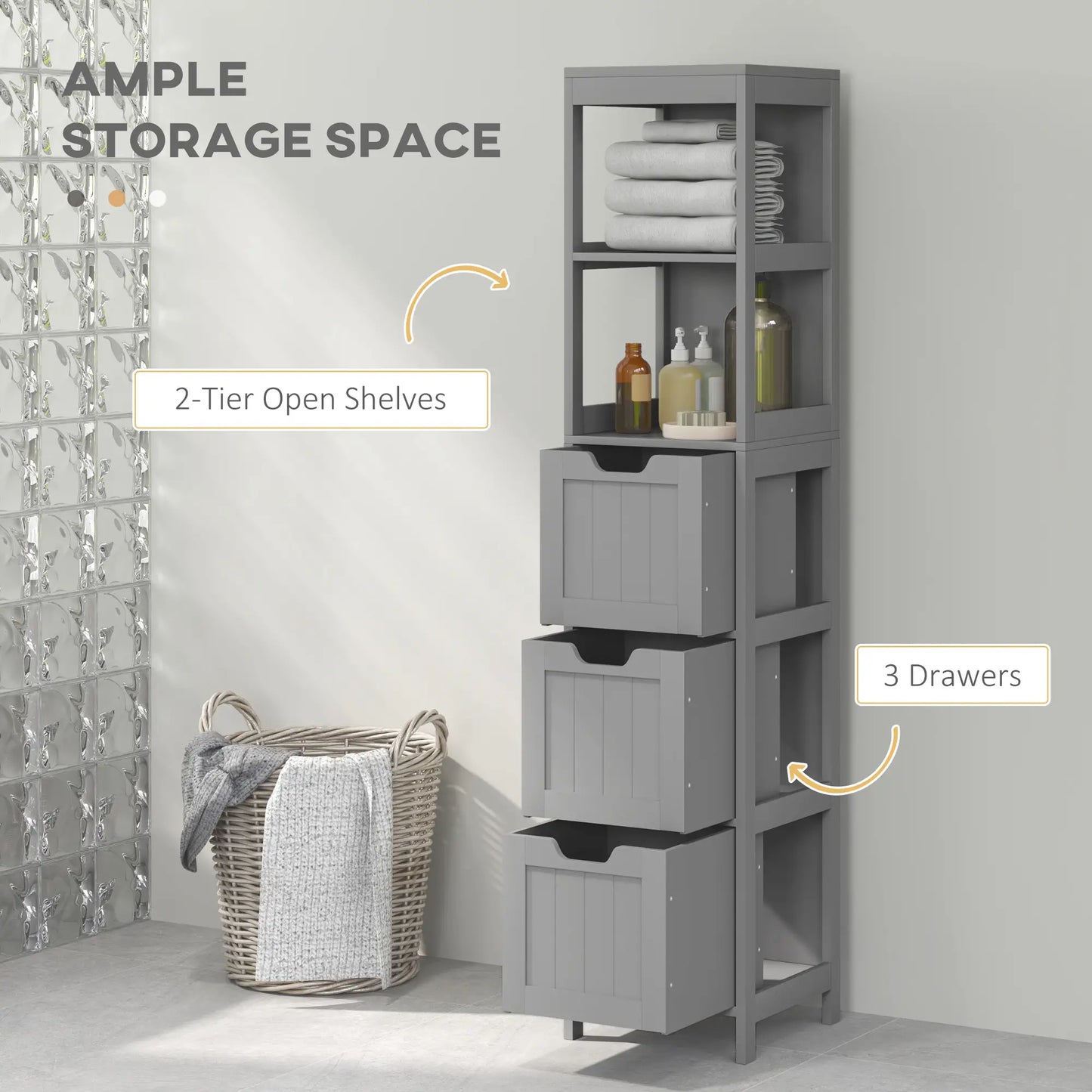 Narrow Bathroom Cabinet, 3 Drawers, 2 Tier Shelf, Tall Cupboard, Grey Bathroom Cabinets at Gallery Canada