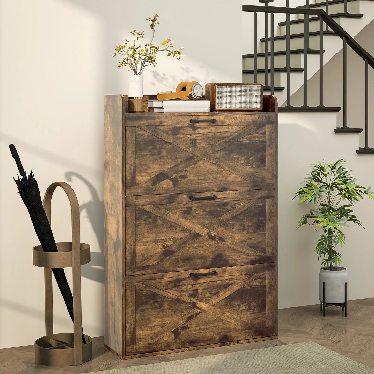 Narrow Shoe Storage Cabinet, 3 Flip Drawers, Adjustable Shelves, Rustic Brown Shoe Storage Cabinets & Racks at Gallery Canada