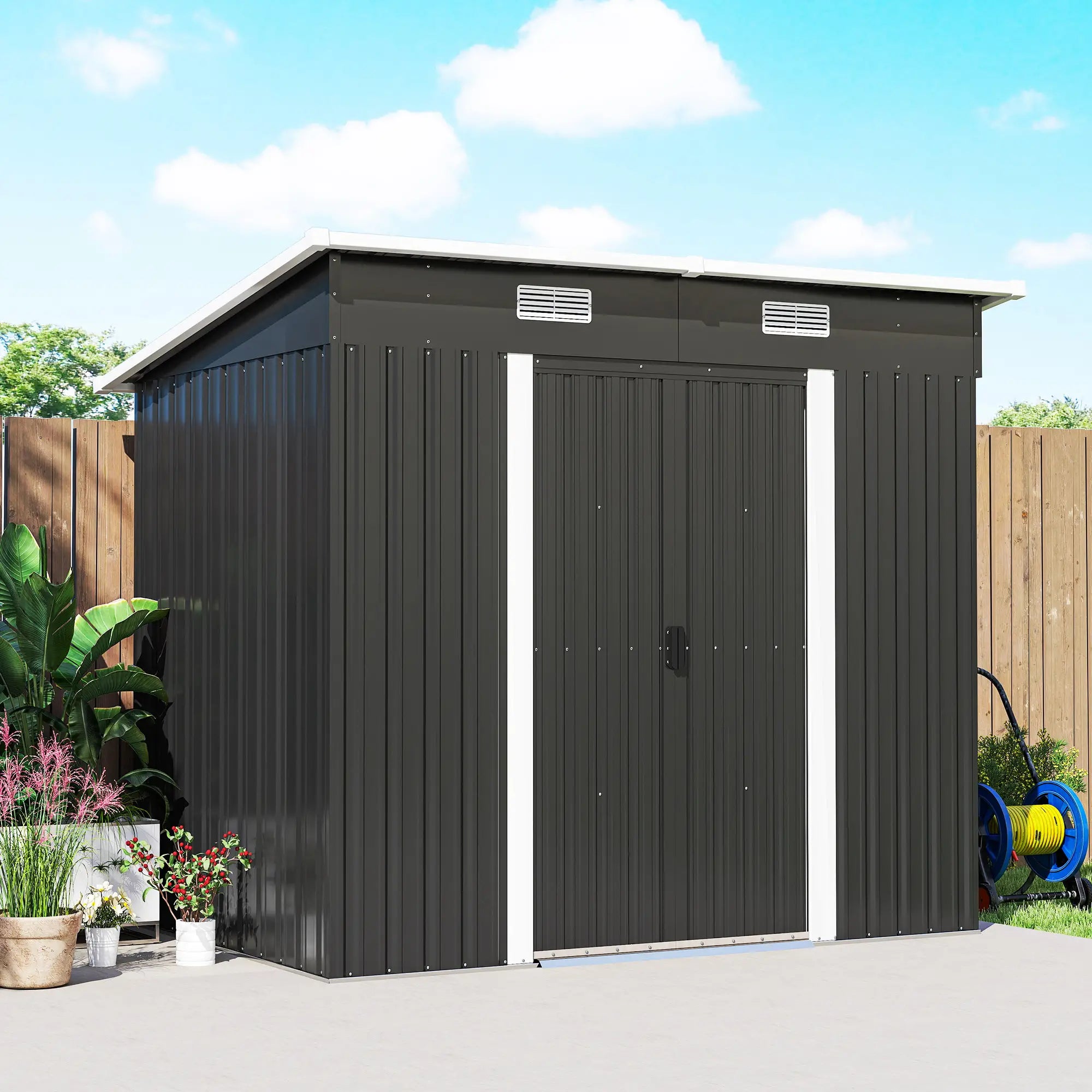 7'x4' Metal Patio Storage Shed, Garden Tool Utility Unit, Black Sheds at Gallery Canada