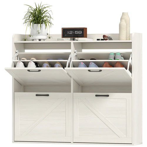 Narrow Shoe Storage Cabinet, 4 Flip Drawers, Adjustable Shelves, 16 Pair, White Oak