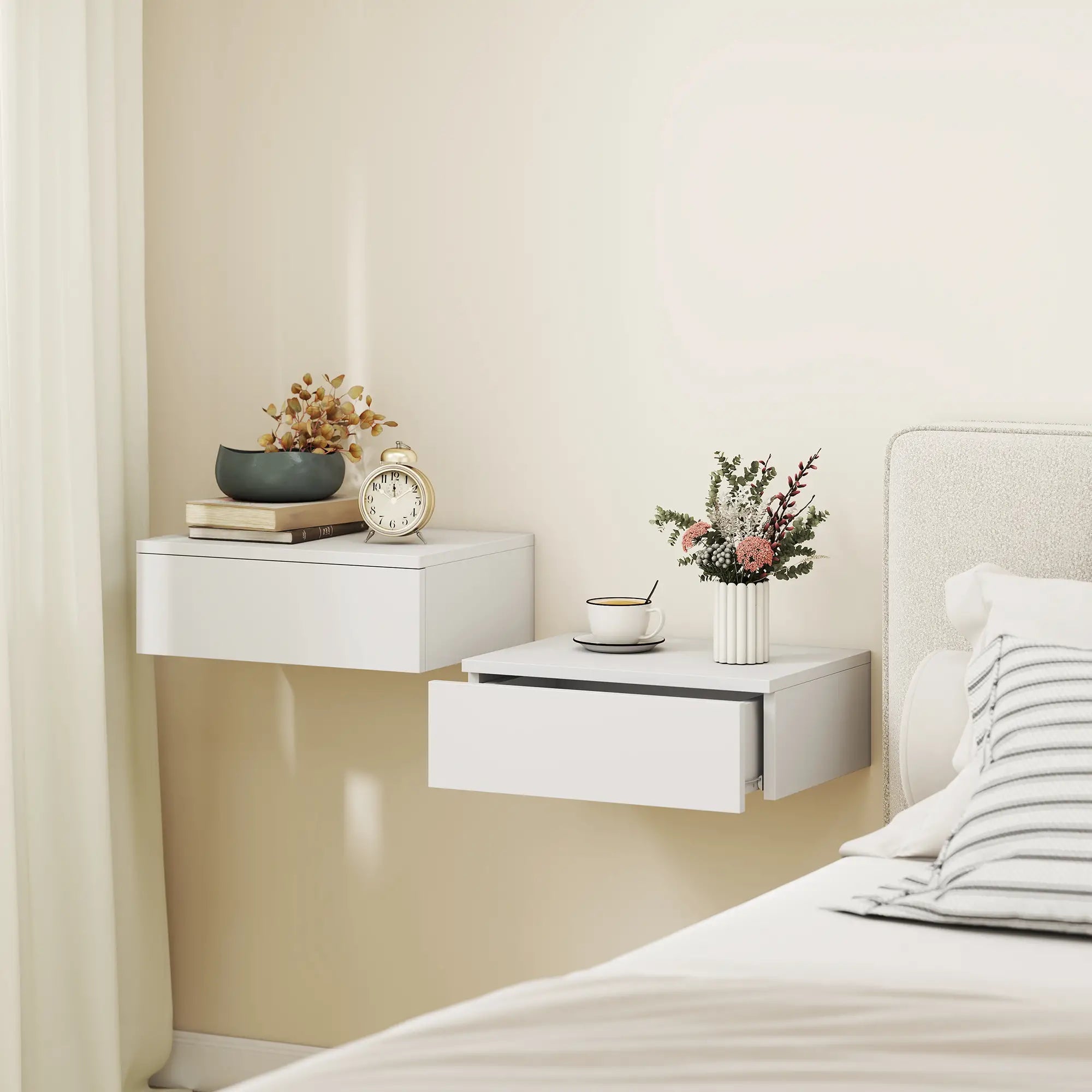 Set of 2 Wall Mounted Bedside Tables, High Gloss Floating Nightstands with Drawer, White Bedside Tables at Gallery Canada