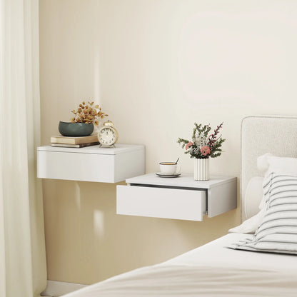 Set of 2 Wall Mounted Bedside Tables, High Gloss Floating Nightstands with Drawer, White Bedside Tables at Gallery Canada