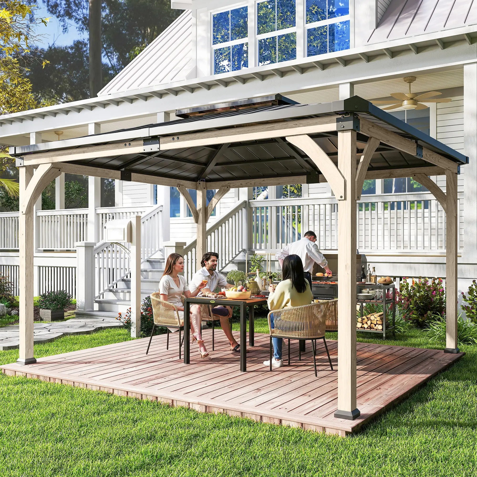 12' x 14' Hardtop Gazebo, Galvanized Steel Roof, Wood Frame, Light Walnut Gazebos at Gallery Canada