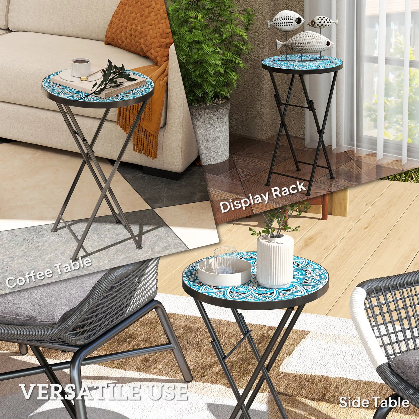 Mosaic Outdoor Patio Side Table, 14" Round, Steel Frame, Blue Patio Side Tables at Gallery Canada