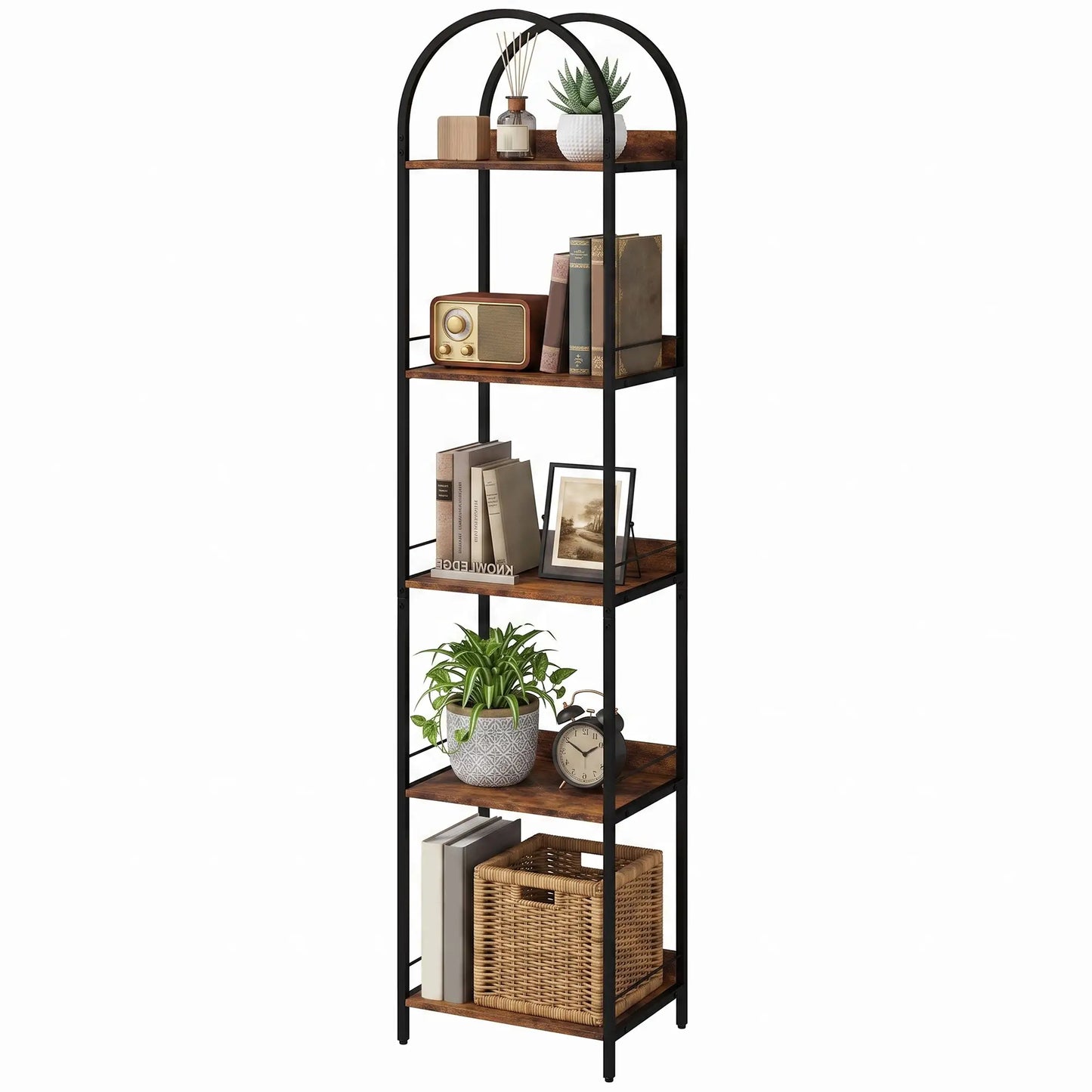 Bookshelf 5 Tier Arched Bookcase, 69.5" Tall, Rustic Brown, Rustic Brown Display Bookshelves Rustic Brown, Black at Gallery Canada