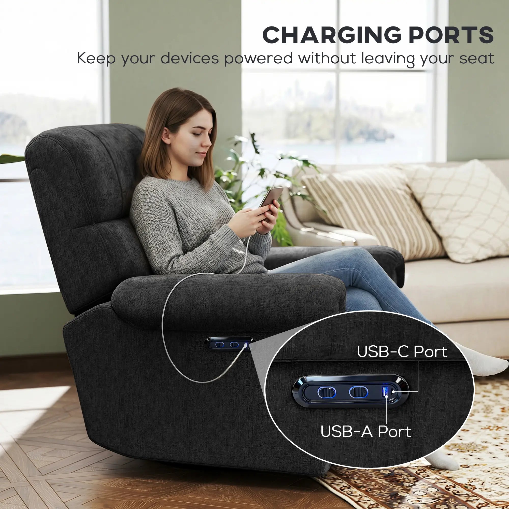 Power Recliner Chair, Fabric Upholstered, USB Ports, Swivel Rocking, Footrest, Black Single Sofas at Gallery Canada