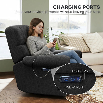 Power Recliner Chair, Fabric Upholstered, USB Ports, Swivel Rocking, Footrest, Black Single Sofas at Gallery Canada