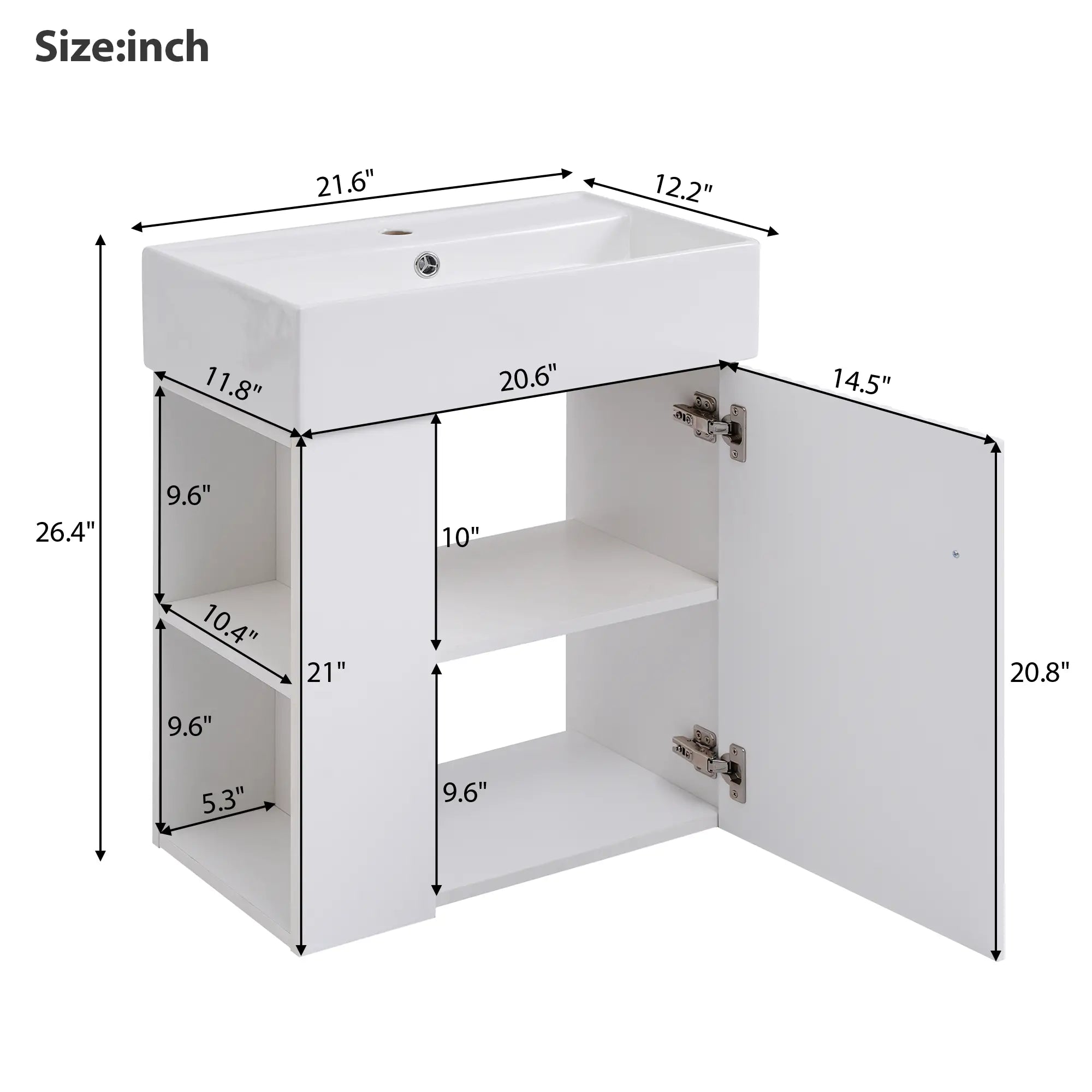 Floating Bathroom Vanity, Ceramic Basin, Side Storage, Rose Gold Handle, 21.5