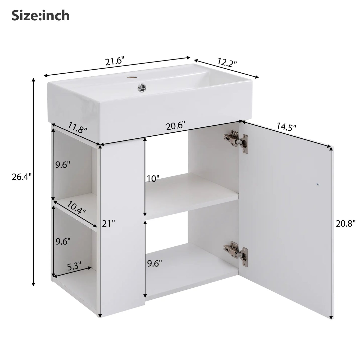Floating Bathroom Vanity, Ceramic Basin, Side Storage, Rose Gold Handle, 21.5" L x 12" W x 26.5" H, White Sink Cabinets at Gallery Canada