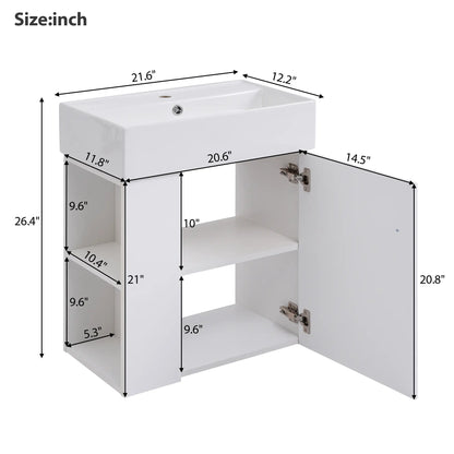 Floating Bathroom Vanity, Ceramic Basin, Side Storage, Rose Gold Handle, 21.5" L x 12" W x 26.5" H, White Sink Cabinets at Gallery Canada