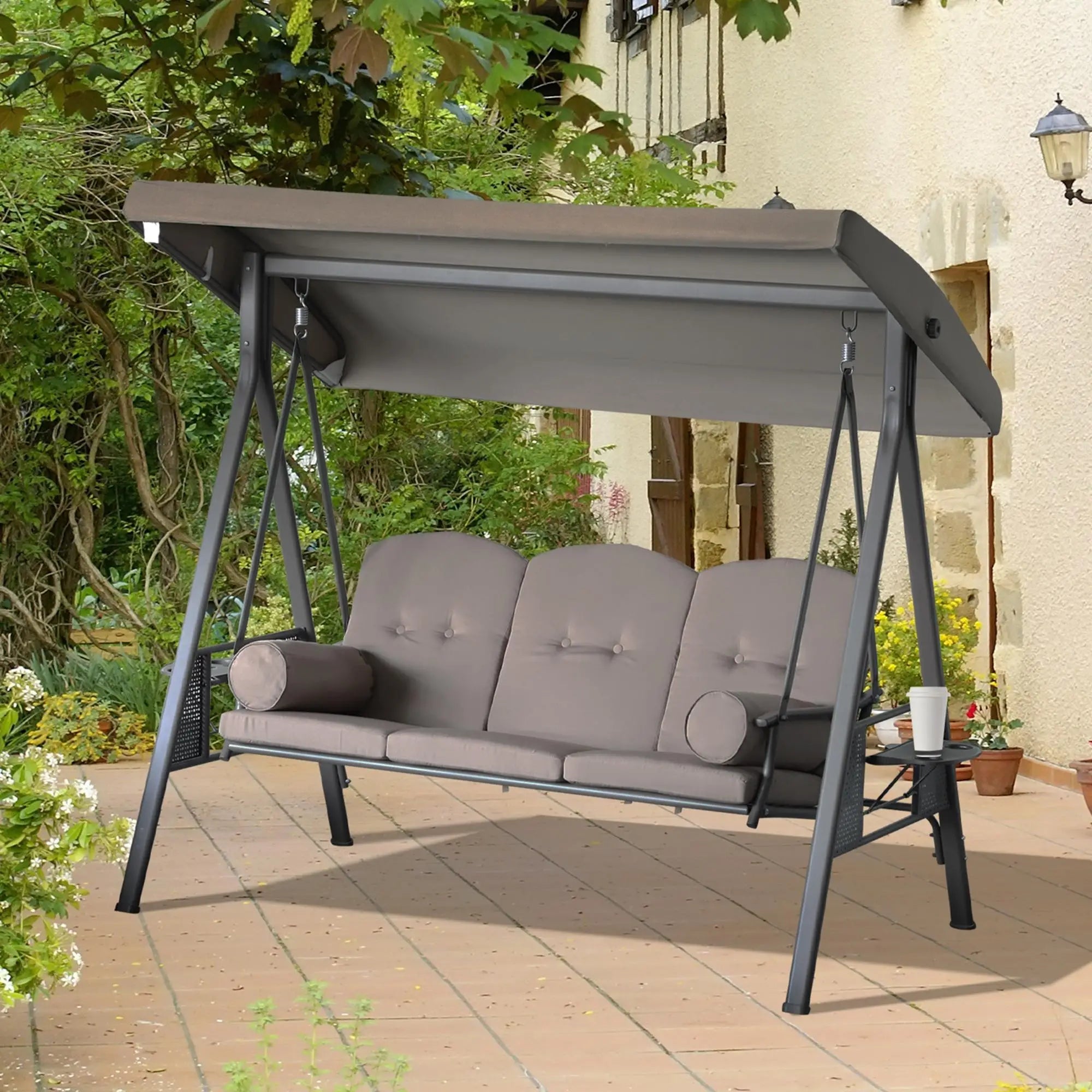 3 Seater Porch Swing, Heavy Duty, Outdoor Lounge Hammock, Brown Patio Swings with Stand at Gallery Canada