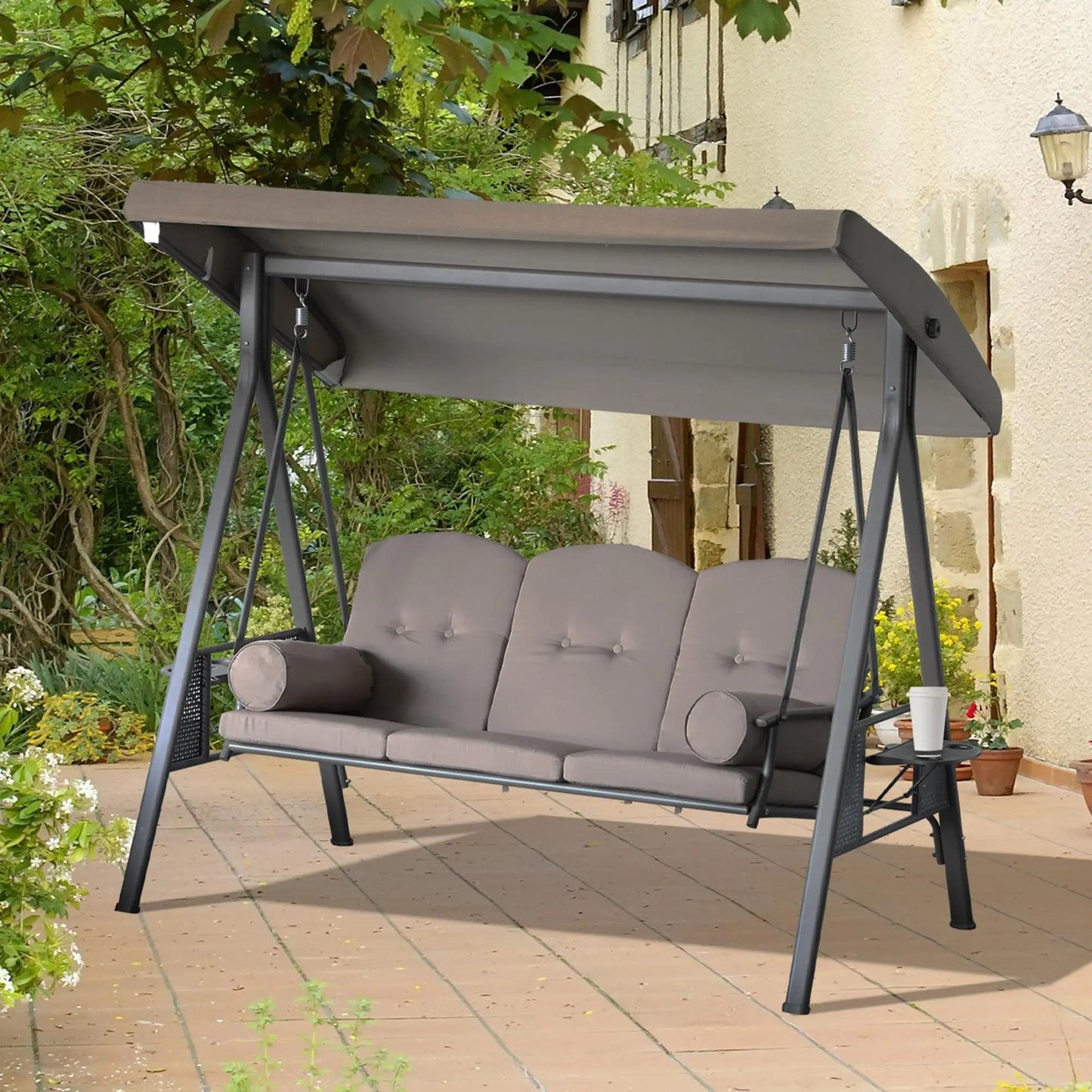 3 Seater Porch Swing, Heavy Duty, Outdoor Lounge Hammock, Brown Patio Swings with Stand at Gallery Canada