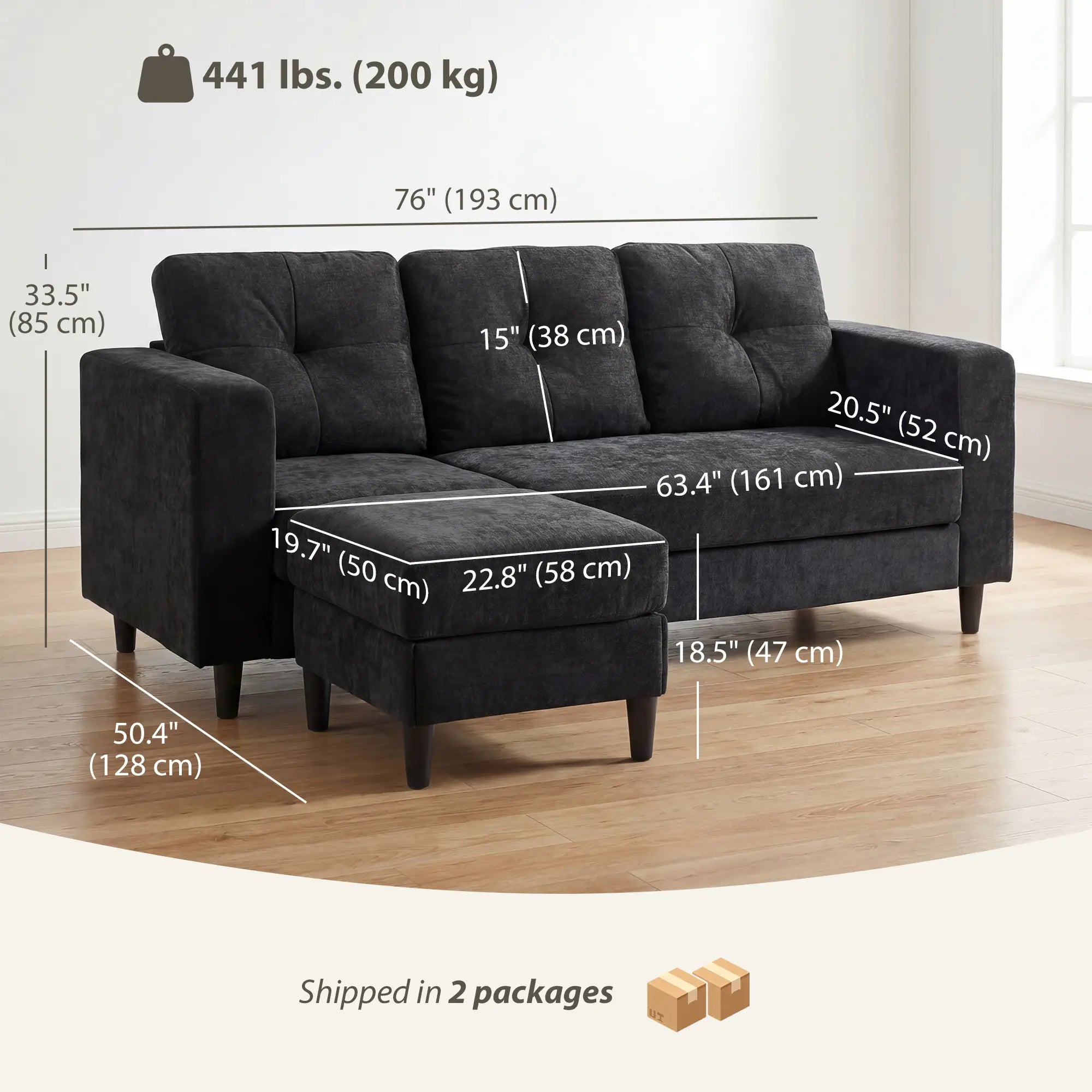 L-Shaped Sectional Sofa, Wooden Legs, Changeable Chaise, Black 3-Seater Sofas at Gallery Canada