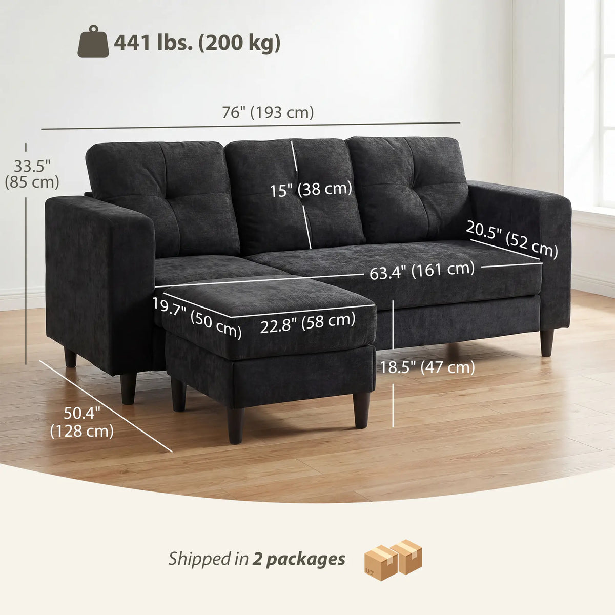 L-Shaped Sectional Sofa, Wooden Legs, Changeable Chaise, Black 3-Seater Sofas at Gallery Canada