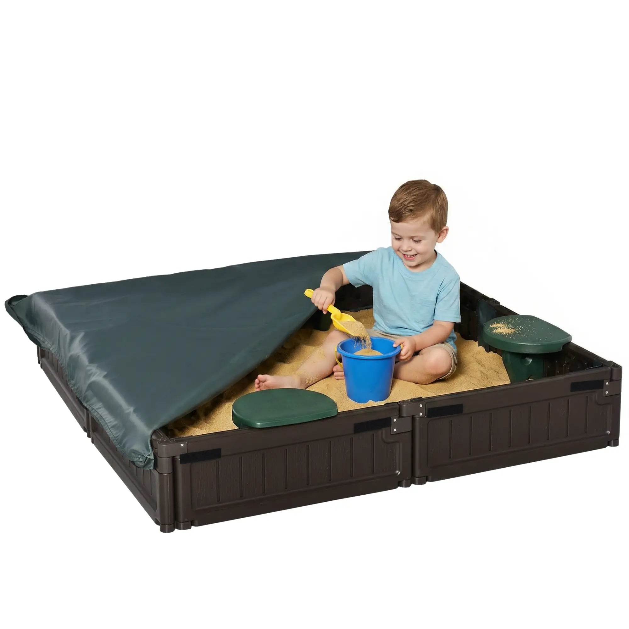 Kids Outdoor Sandbox with Canopy, Bottom Fabric Liner, Brown Sandboxes & Accessories Dark Green Seat, brown panel at Gallery Canada