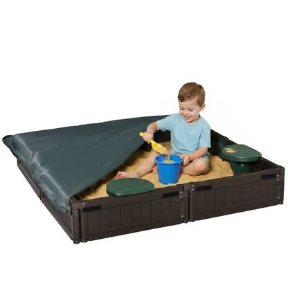 Kids Outdoor Sandbox with Canopy, Bottom Fabric Liner, Brown Sandboxes & Accessories Dark Green Seat, brown panel at Gallery Canada