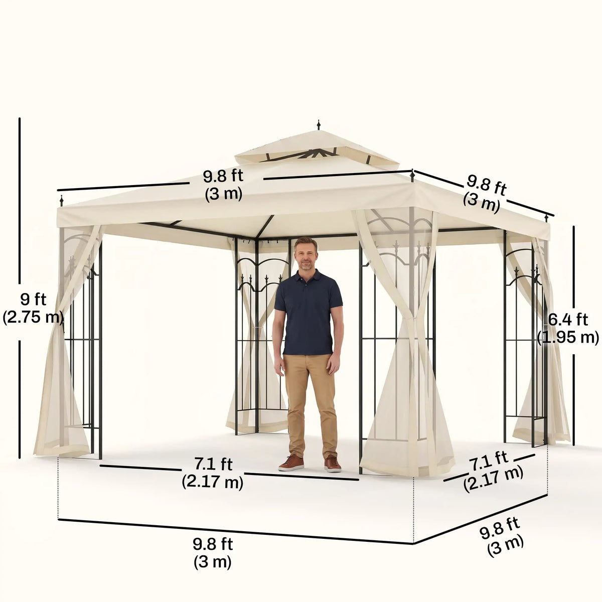 10' x 10' Steel Outdoor Gazebo, Removable Mesh Curtains, Beige Gazebos at Gallery Canada