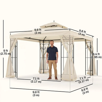 10' x 10' Steel Outdoor Gazebo, Removable Mesh Curtains, Beige Gazebos at Gallery Canada