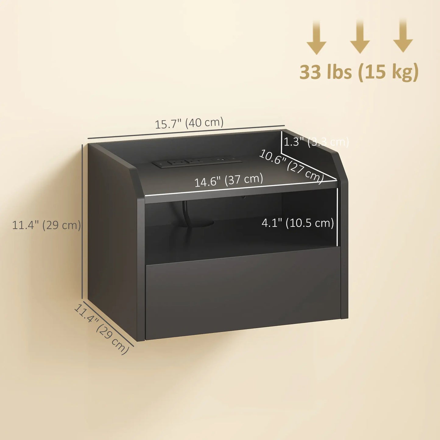 Wall Mounted Bedside Table, Set of 2 with Charging Station, Black Bedside Tables at Gallery Canada