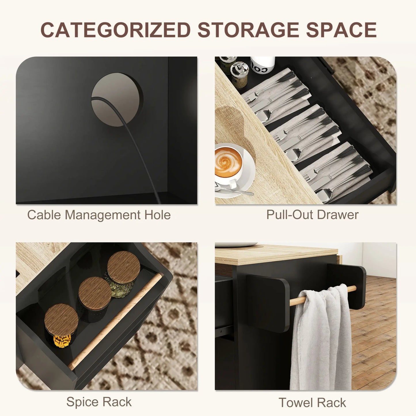 Kitchen Island with Storage, Rolling Cart, Foldable Drop Leaf, Power Outlet, USB Ports, Black Kitchen Islands & Kitchen Carts at Gallery Canada