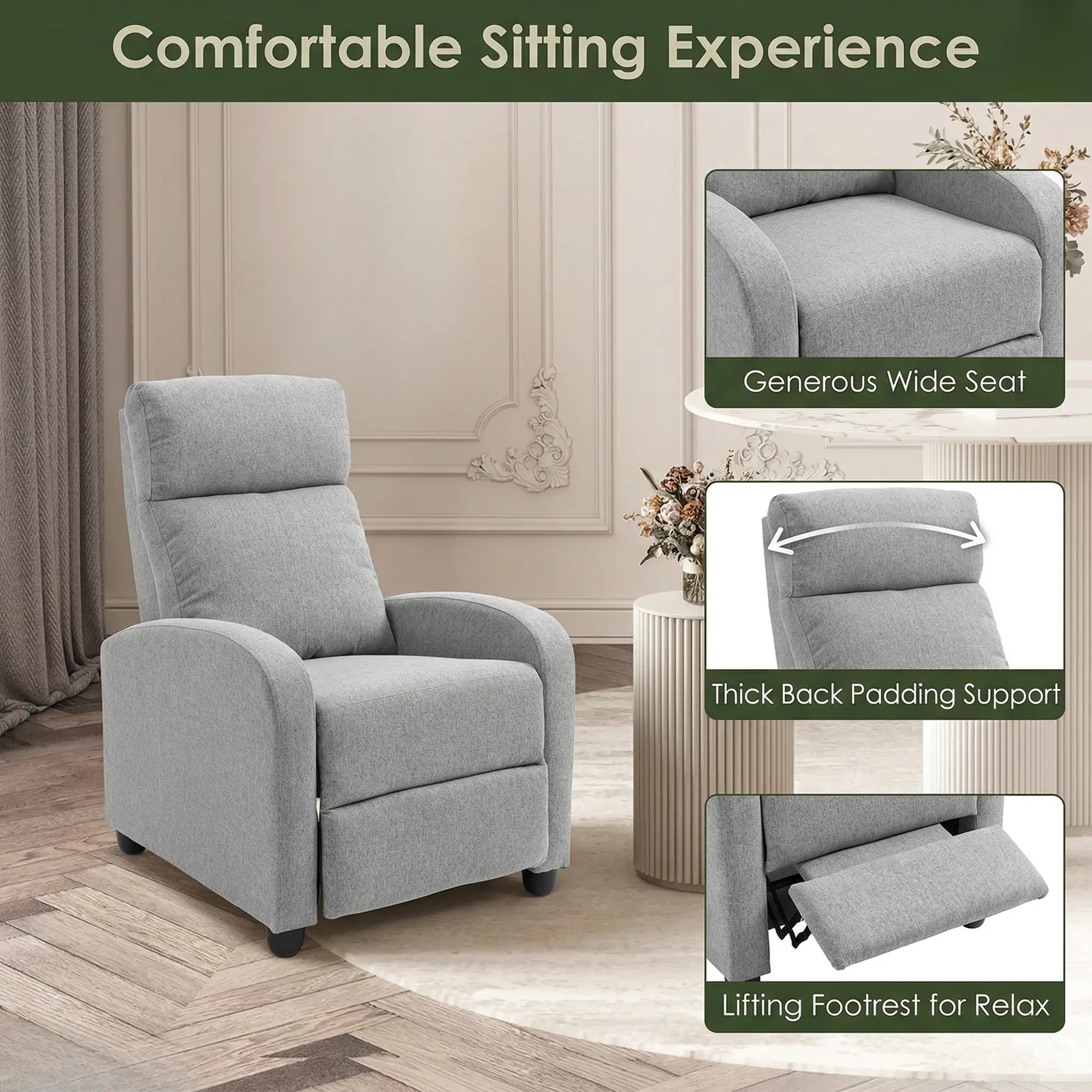 Fabric Recliner Manual Sofa Armchair, Light Grey Single Sofas at Gallery Canada