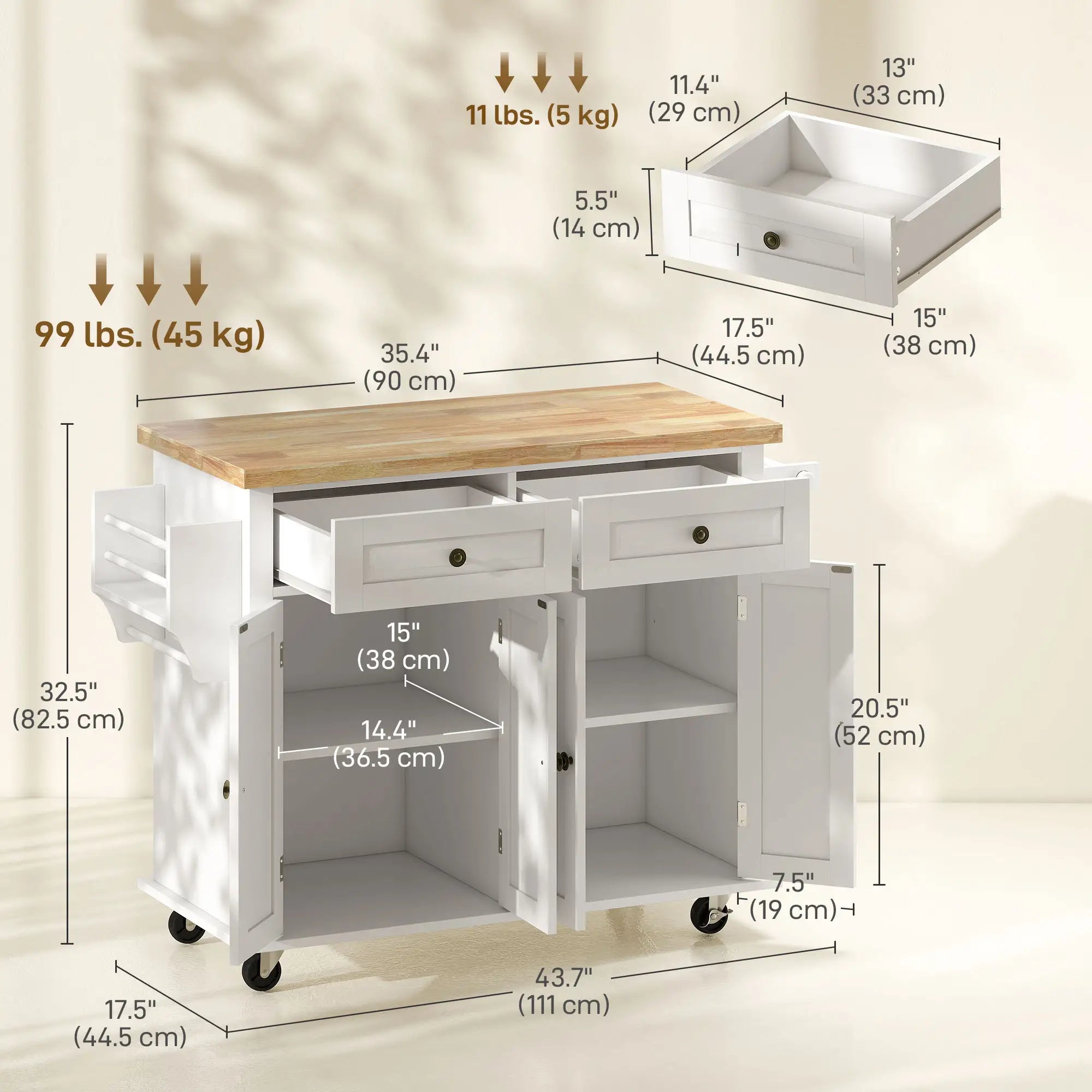 Kitchen Island with Storage, Rolling Trolley Cart with Rubber Wood Top, Spice Rack, Towel Rack, Grey Kitchen Islands & Kitchen Carts at Gallery Canada