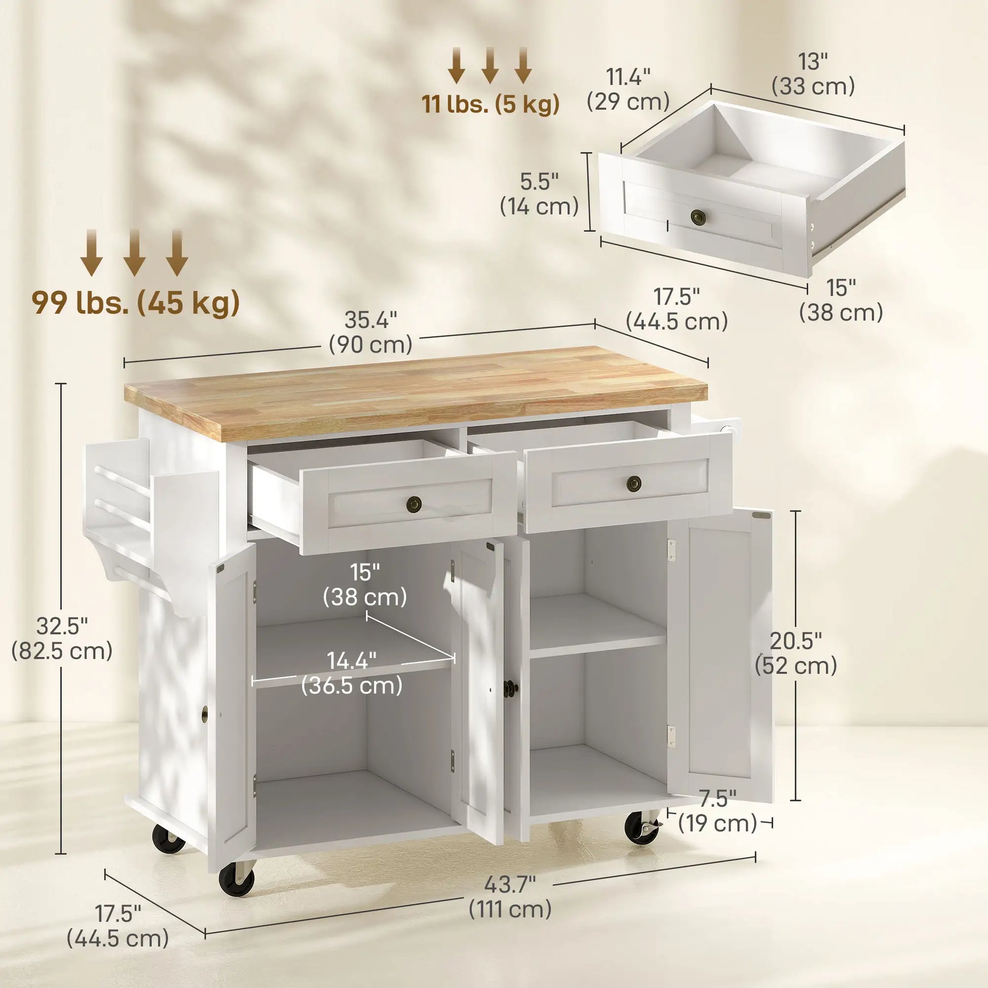 Kitchen Island with Storage, Rolling Trolley Cart with Rubber Wood Top, Spice Rack, Towel Rack, Grey Kitchen Islands & Kitchen Carts at Gallery Canada