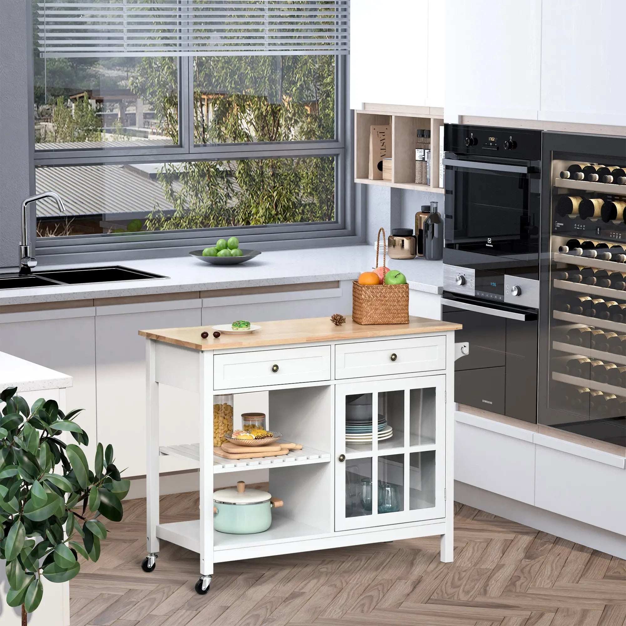 Kitchen Cart on Wheels, Utility Storage Island, Rubber Wood Top, White Kitchen Islands & Kitchen Carts at Gallery Canada