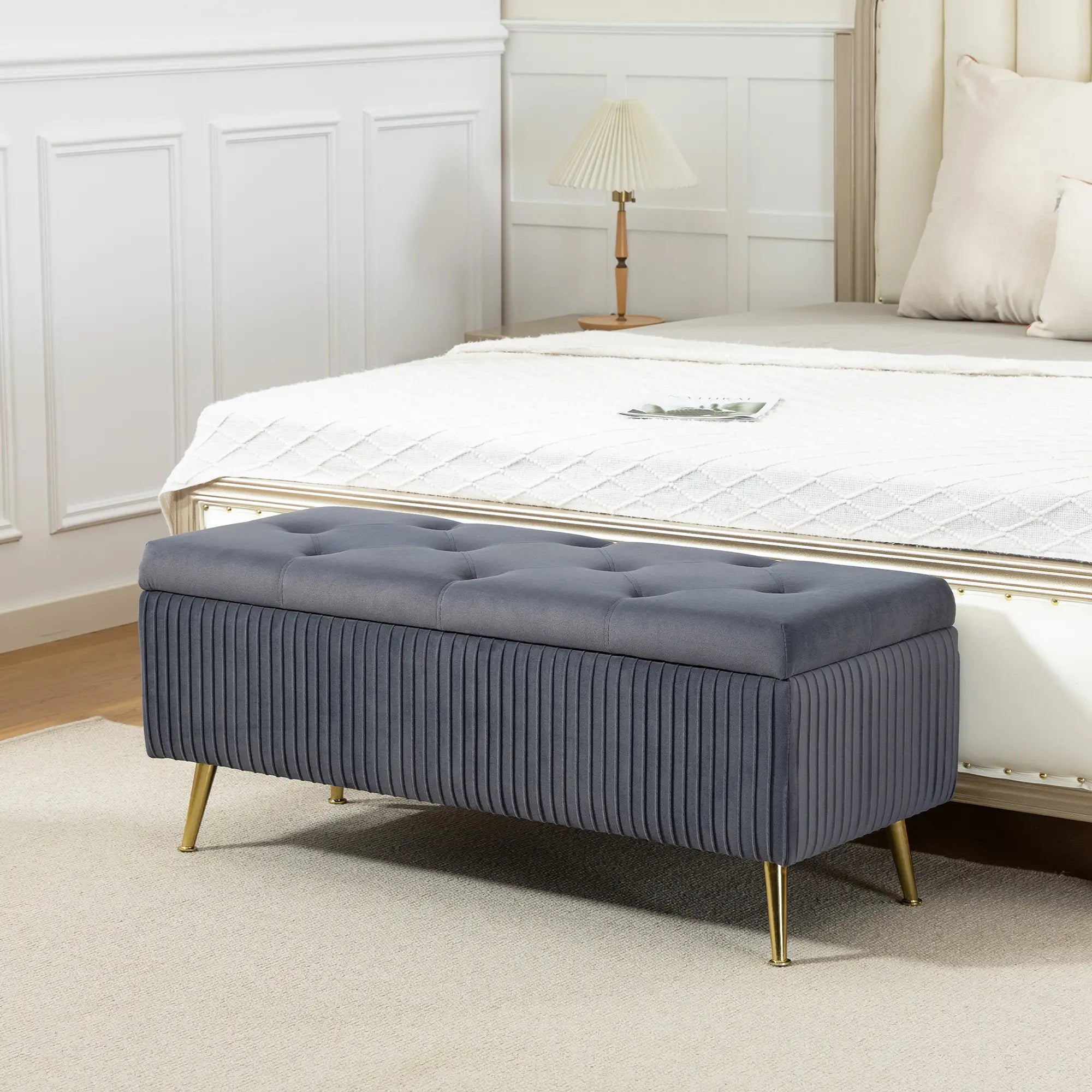 43 Inch Storage Ottoman Bench, Steel Legs, Padded Seat, Dark Grey Storage Ottomans & Benches at Gallery Canada