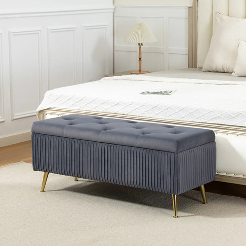 43 Inch Storage Ottoman Bench, Steel Legs, Padded Seat, Dark Grey