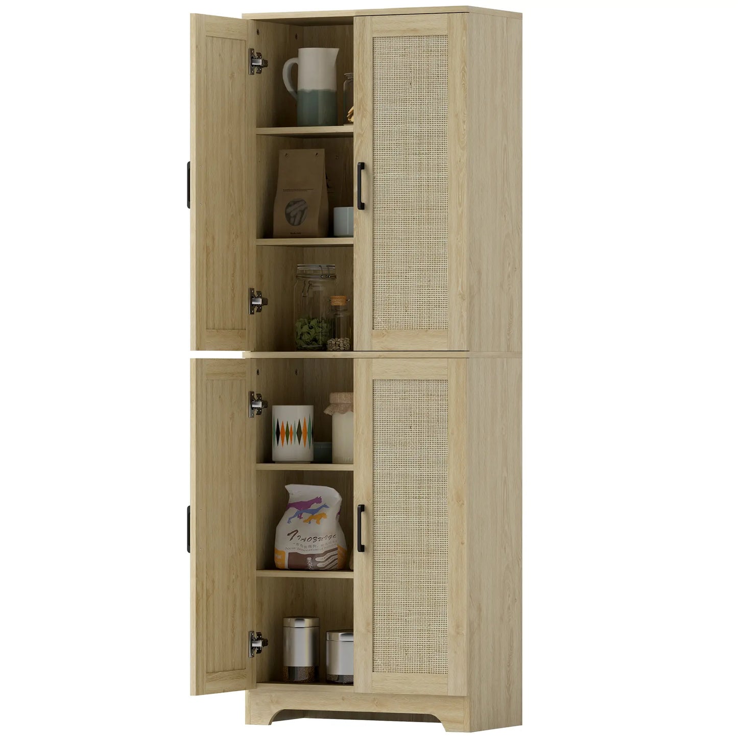 67" Tall Kitchen Pantry, Freestanding Cabinet, 4 Rattan Doors, Adjustable Shelves, Oak Storage Cabinets Oak at Gallery Canada