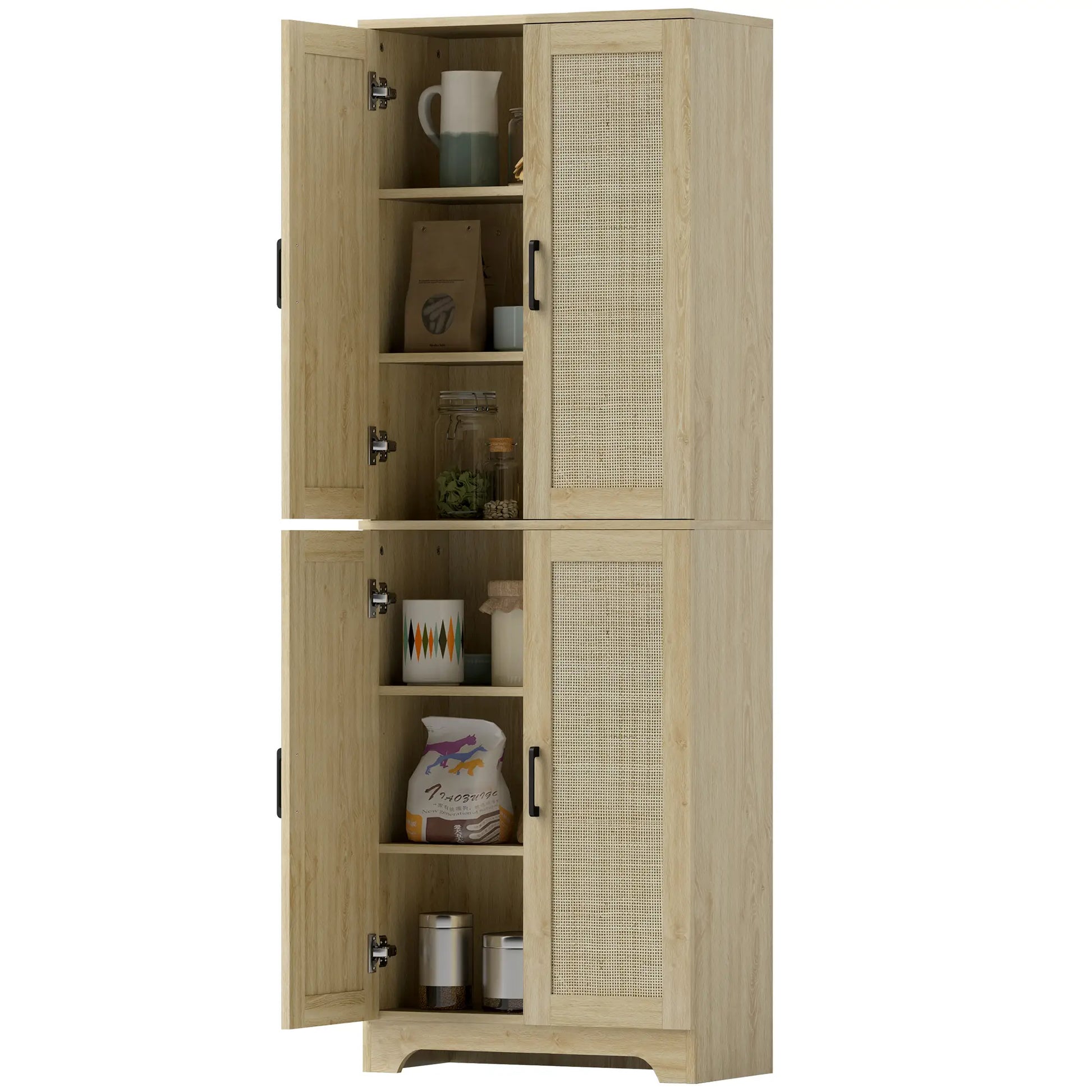 67" Tall Kitchen Pantry, Freestanding Cabinet, 4 Rattan Doors, Adjustable Shelves, Oak Storage Cabinets Oak at Gallery Canada