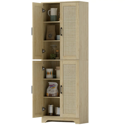 67" Tall Kitchen Pantry, Freestanding Cabinet, 4 Rattan Doors, Adjustable Shelves, Oak Storage Cabinets Oak at Gallery Canada