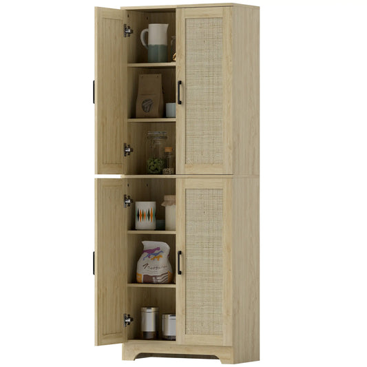 67" Tall Kitchen Pantry, Freestanding Cabinet, 4 Rattan Doors, Adjustable Shelves, Oak Storage Cabinets Oak at Gallery Canada