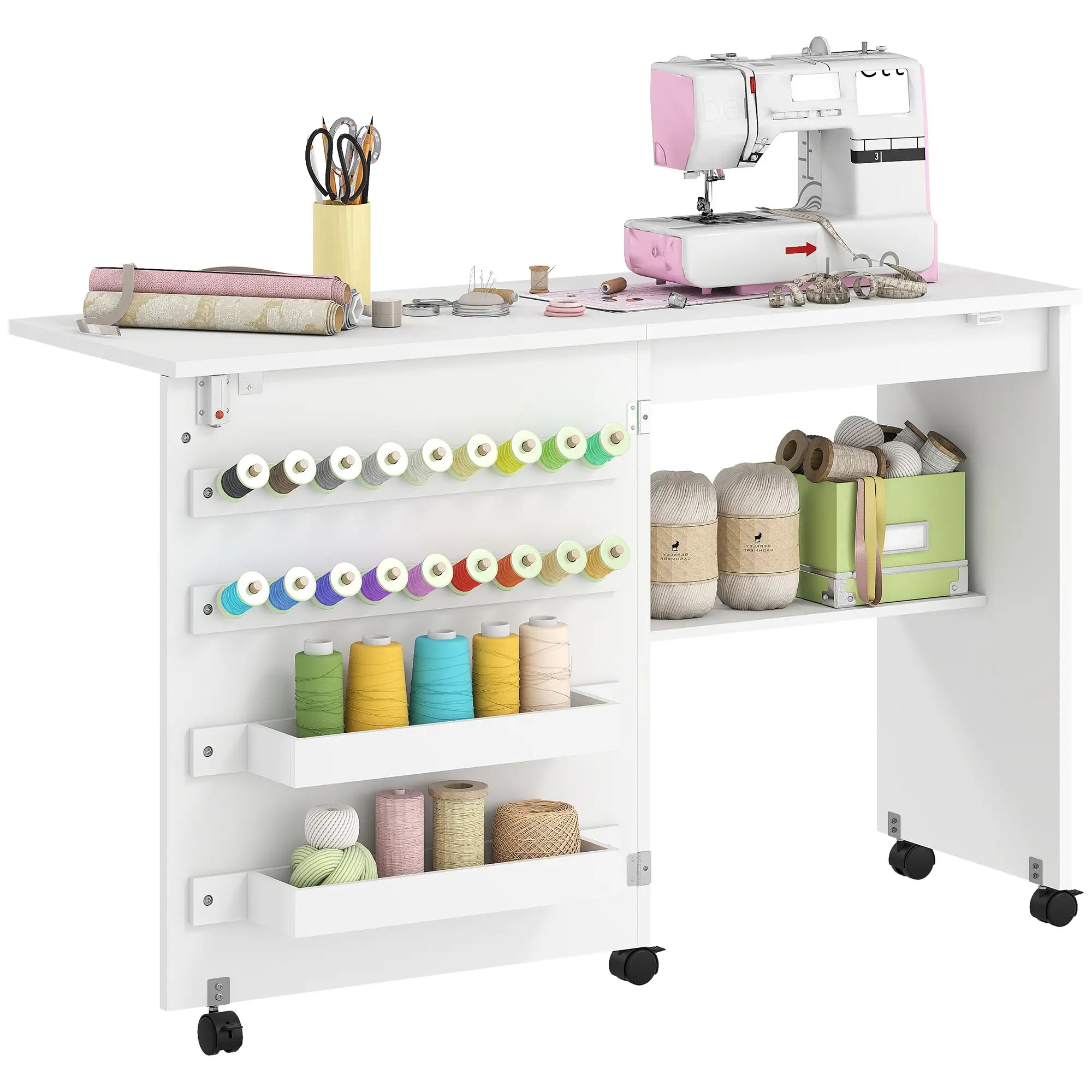 Sewing Machine Table on Wheels, Folding Craft Table with Storage, White Storage Cabinets at Gallery Canada