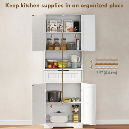 68" Tall Kitchen Buffet Hutch, 4 Doors, Drawer, Open Counter, White Kitchen Pantry Cabinets at Gallery Canada