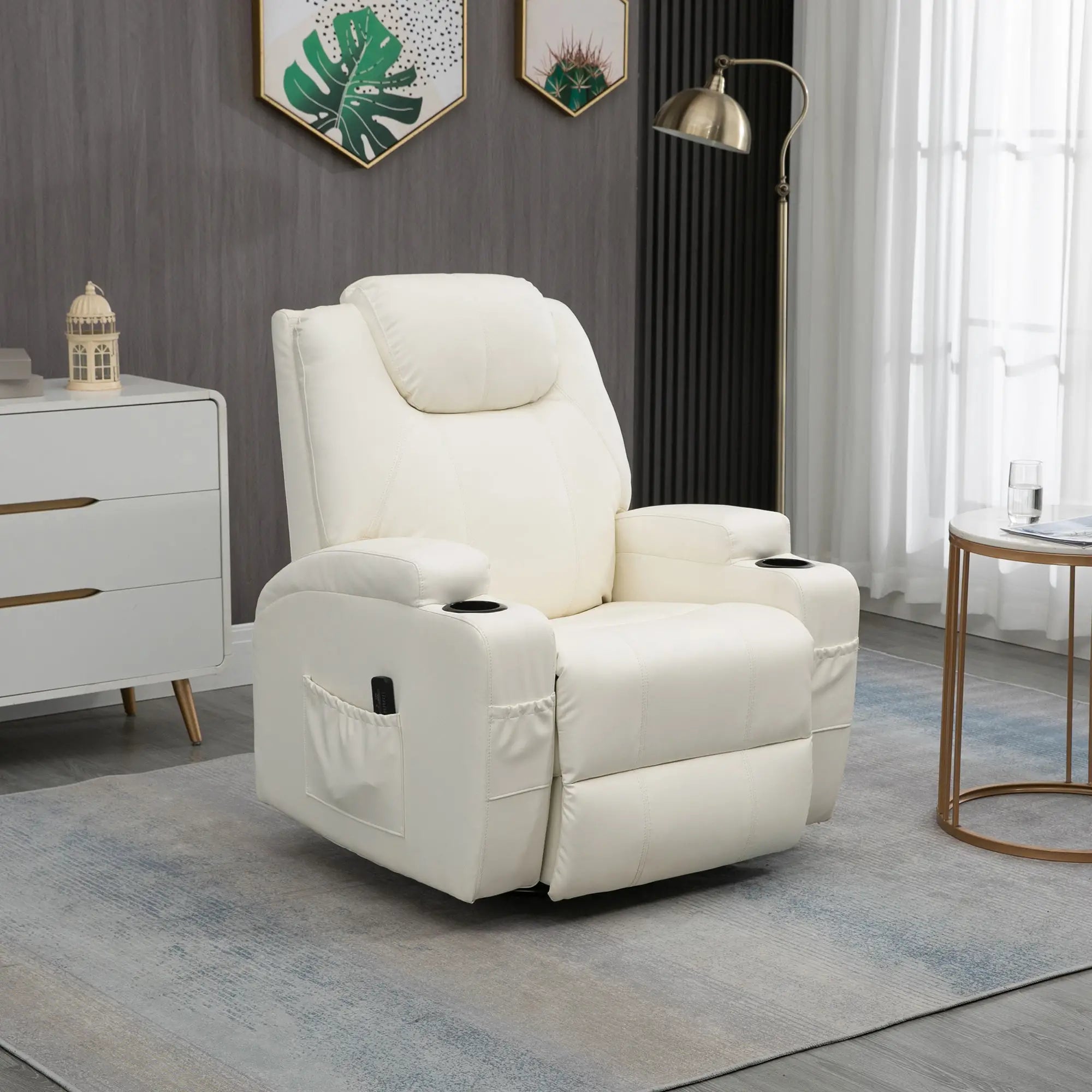 Massage Recliner Chair, Swivel Rocker, 8 Vibration Points, PU Leather, Cream White Massage Chairs at Gallery Canada