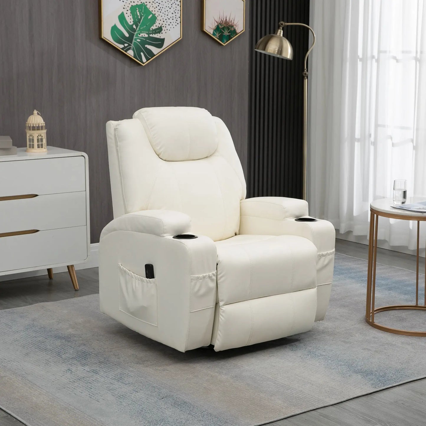 Massage Recliner Chair, Swivel Rocker, 8 Vibration Points, PU Leather, Cream White Massage Chairs at Gallery Canada