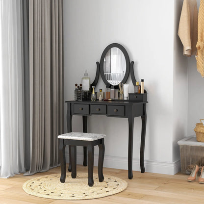 Wooden Vanity Table, 360° Rotating Oval Mirror, 5 Drawers, Padded Stool, Black