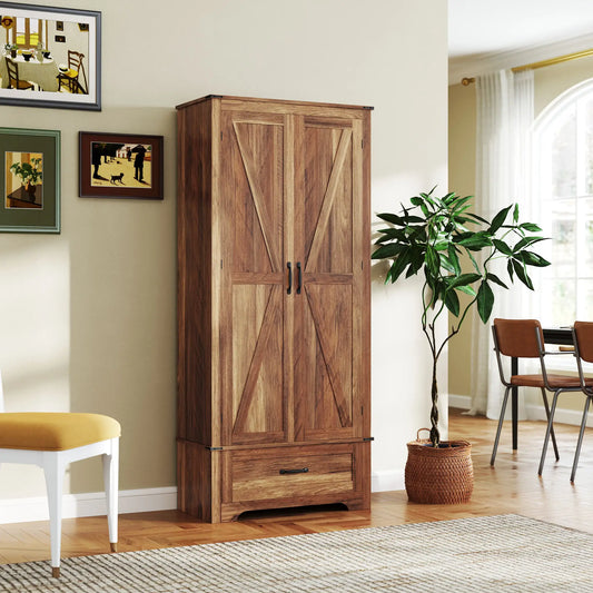 72" Farmhouse Pantry Cabinet, Adjustable Shelves, 2 Doors, Brown Kitchen Pantry Cabinets Brown at Gallery Canada