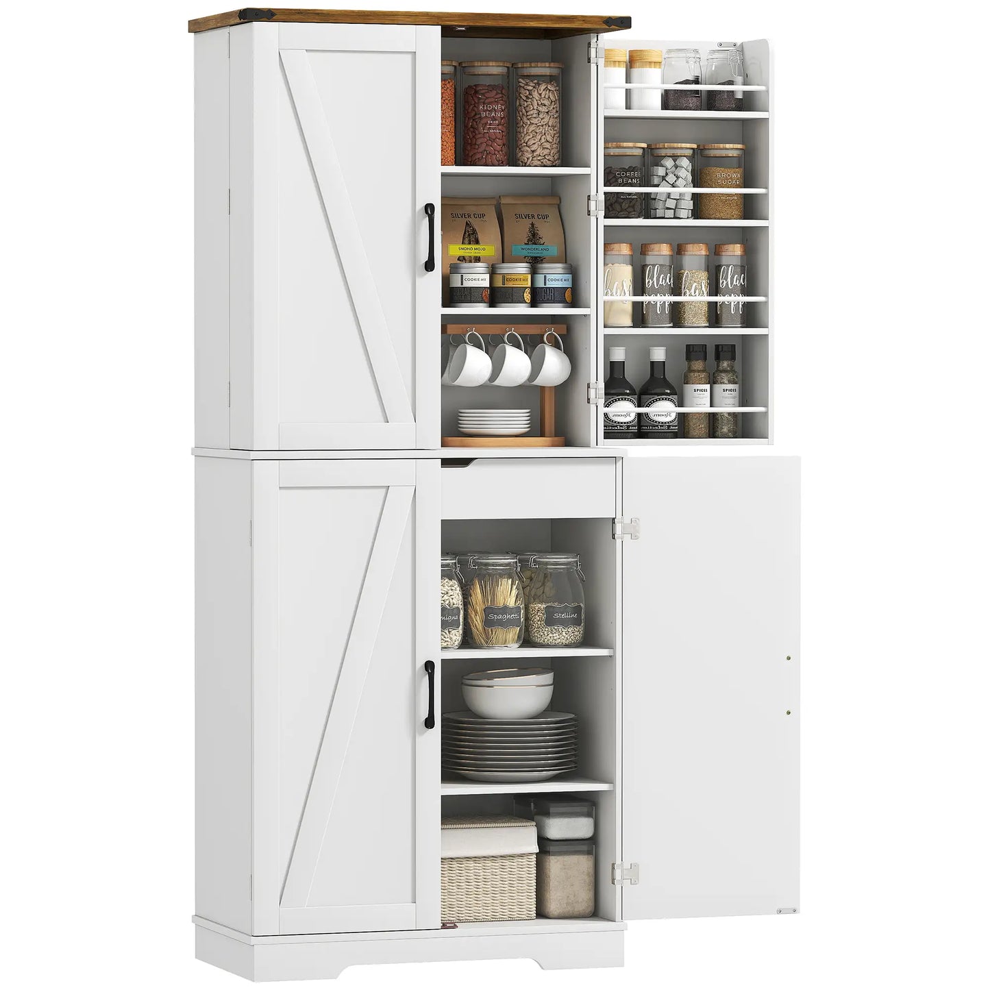 72 Inch Kitchen Pantry Cabinet, Farmhouse Storage with 4 Doors, Drawer, White Kitchen Pantry Cabinets at Gallery Canada