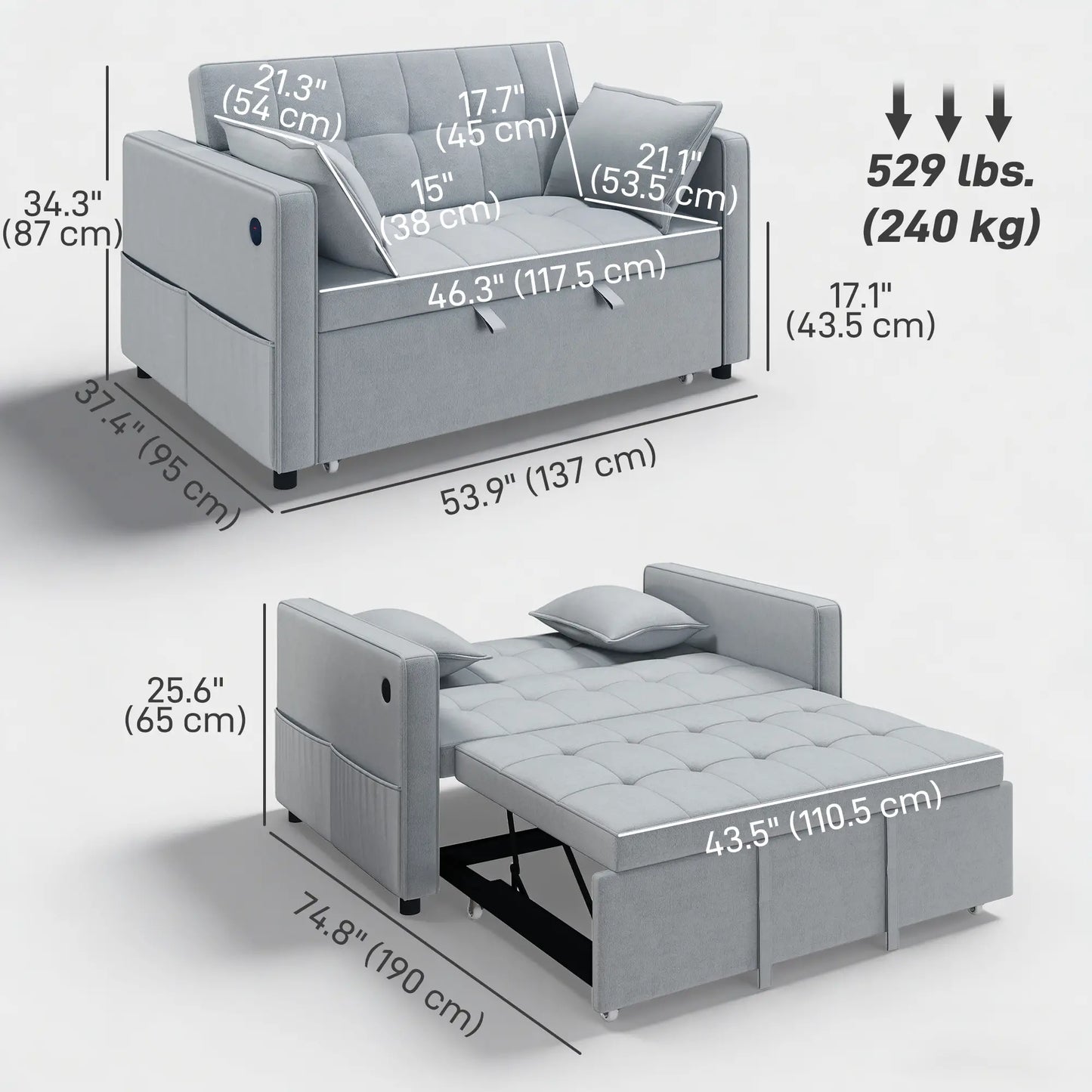 3-In-1 Convertible Sofa Bed, Pull Out Sleeper, Adjustable Backrest, Light Grey 2-Seater Sofas at Gallery Canada