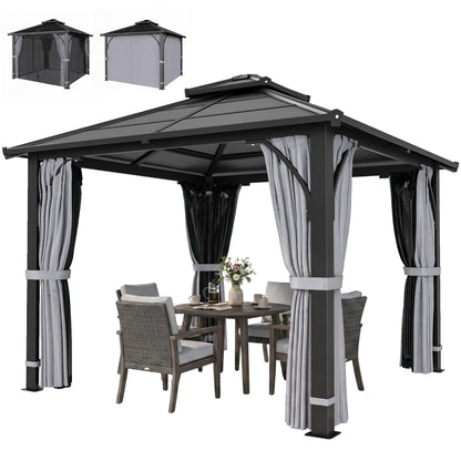 10' x 10' Hardtop Gazebo, 7mm Double Polycarbonate Roof, Netting, Curtains Gazebos Dark Grey at Gallery Canada