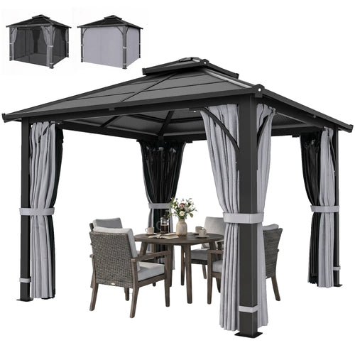 10' x 10' Hardtop Gazebo, 7mm Double Polycarbonate Roof, Netting, Curtains